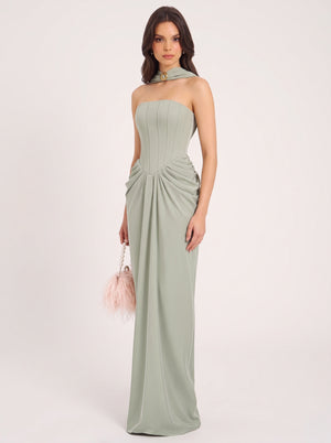 Satin Corset Pleated Maxi Dress