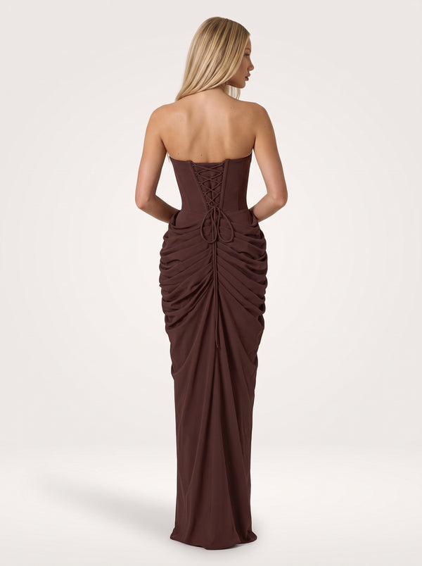 Strapless Ruched Corset Midi Dress