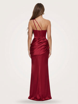 Claret One Shoulder Satin Maxi Dress