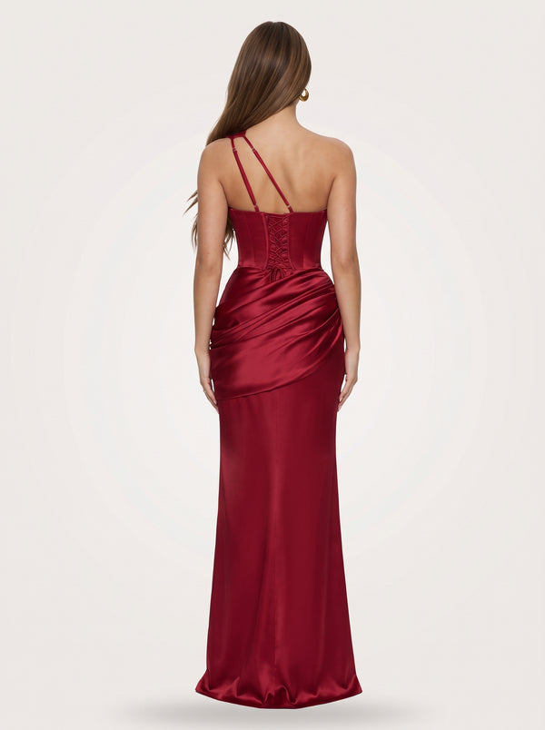 Claret One Shoulder Satin Maxi Dress
