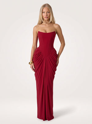 Red Strapless Ruched Corset Midi Dress
