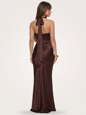 Robe Longue en Satin Col Licou Style Corset