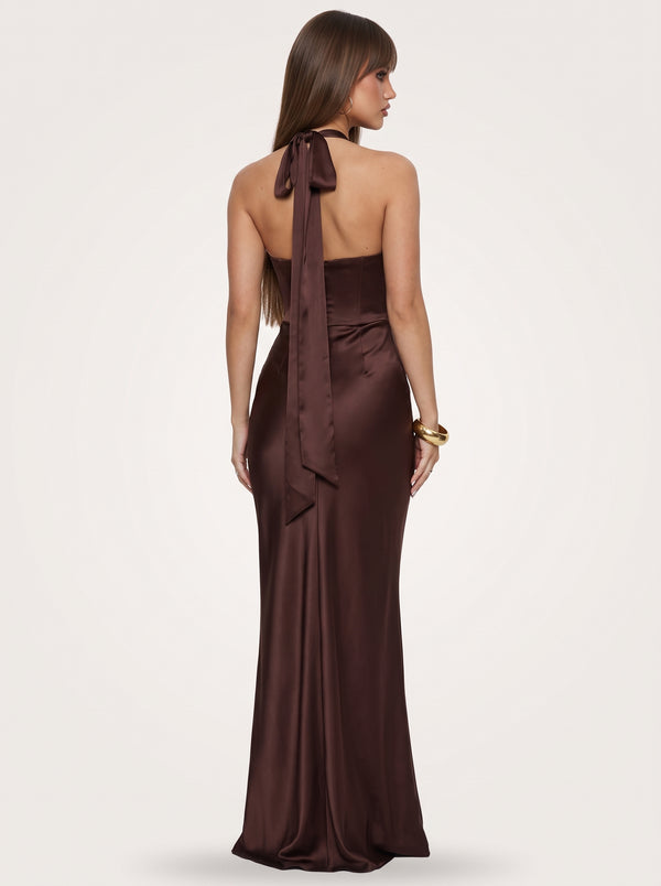 Robe Longue en Satin Col Licou Style Corset