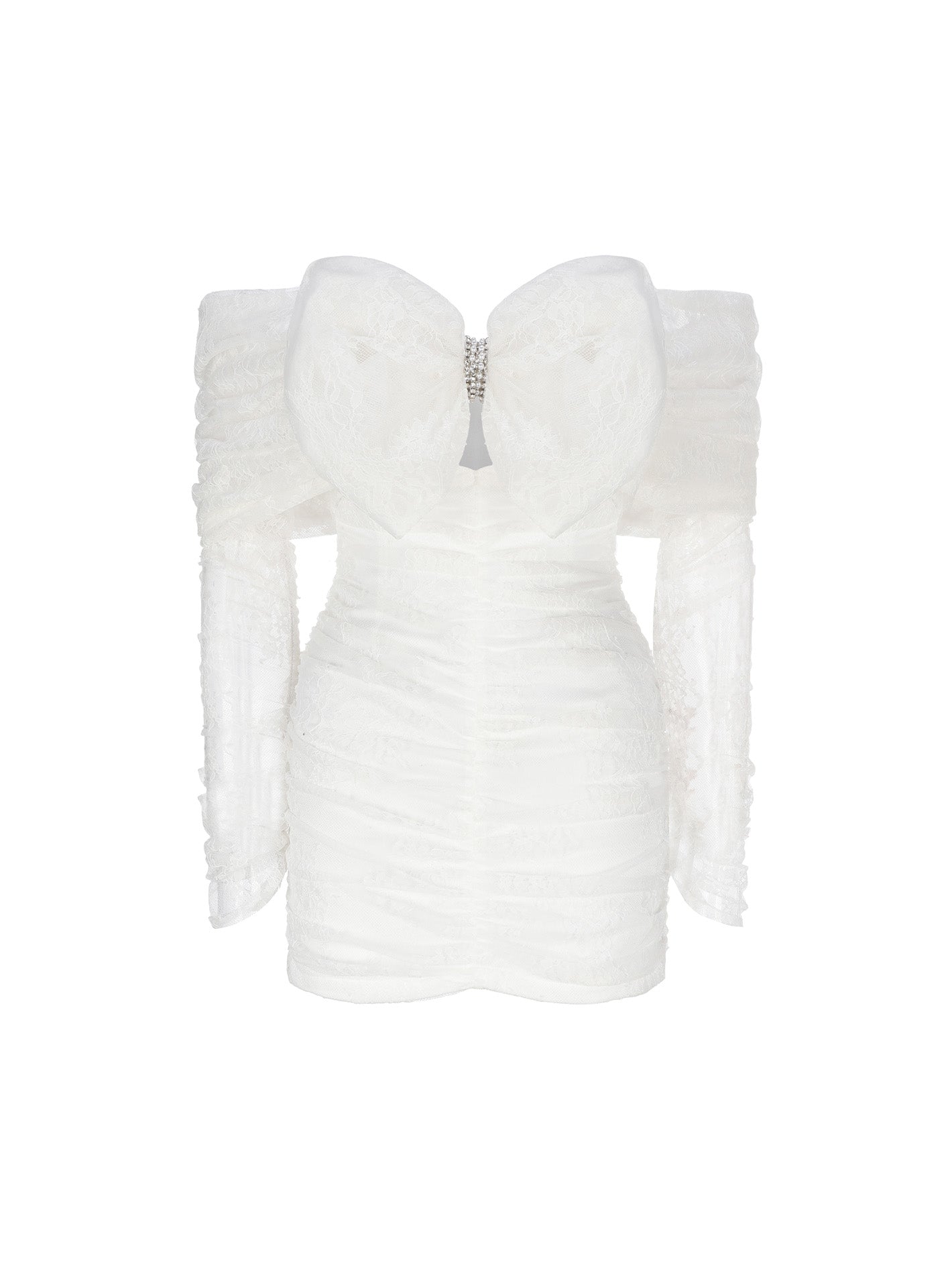 White ruffled top with a bow detail on a white background