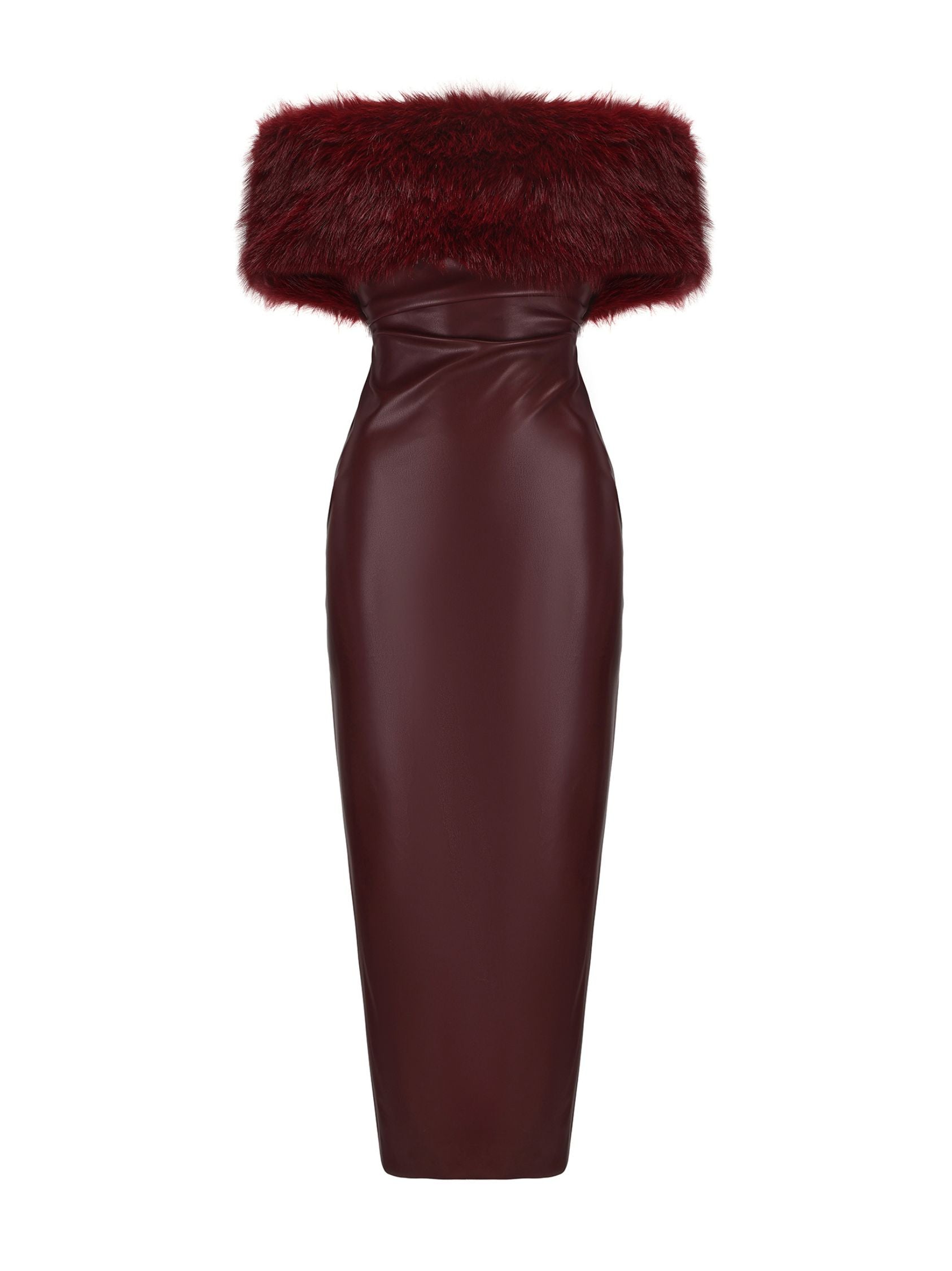 Burgundy dress with fur collar on a white background