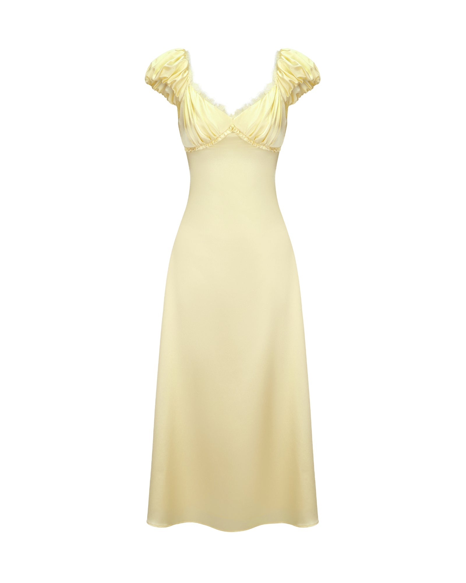 Yellow evening gown with ruched bodice on a white background