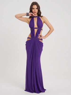 Rhinestone Cut-Out Halter Dress
