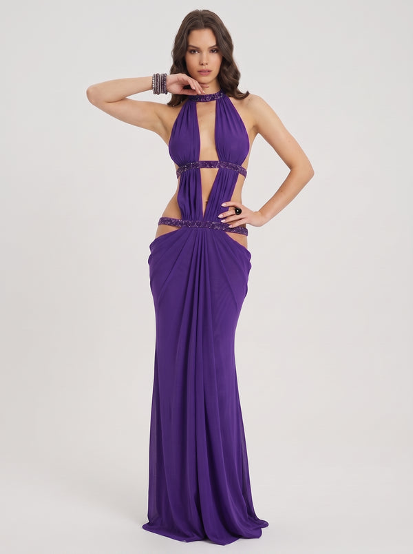 Rhinestone Cut-Out Halter Dress