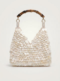 Sequin Bamboo Handle Hobo in ivory — sequin embellishment, VeroMarka