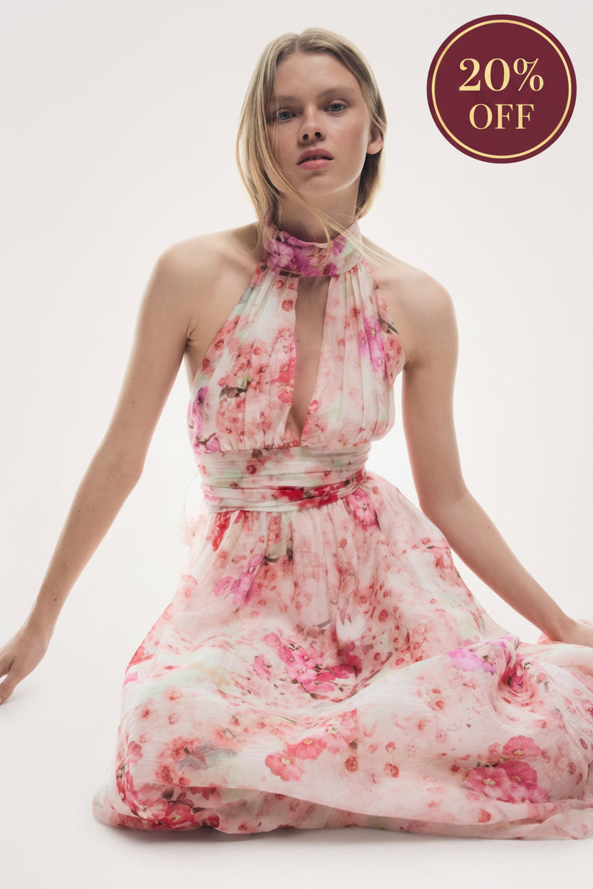 Floral Halter Backless Maxi Dress