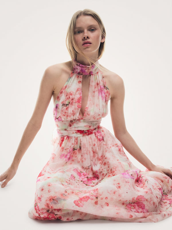 Floral Halter Backless Maxi Dress