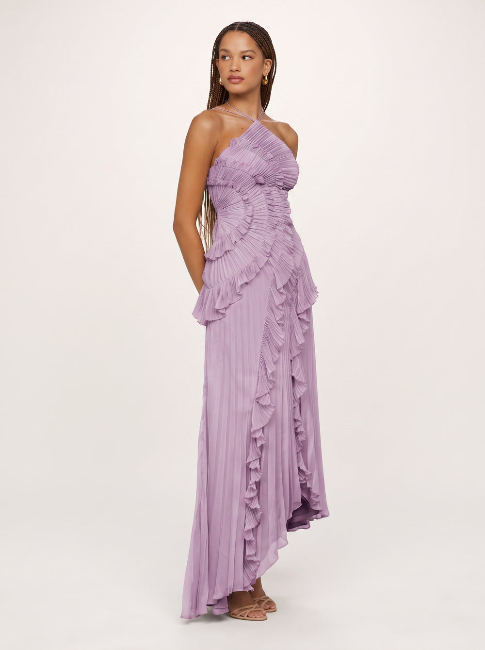 Ruffled Pleated Halter Maxi Dress