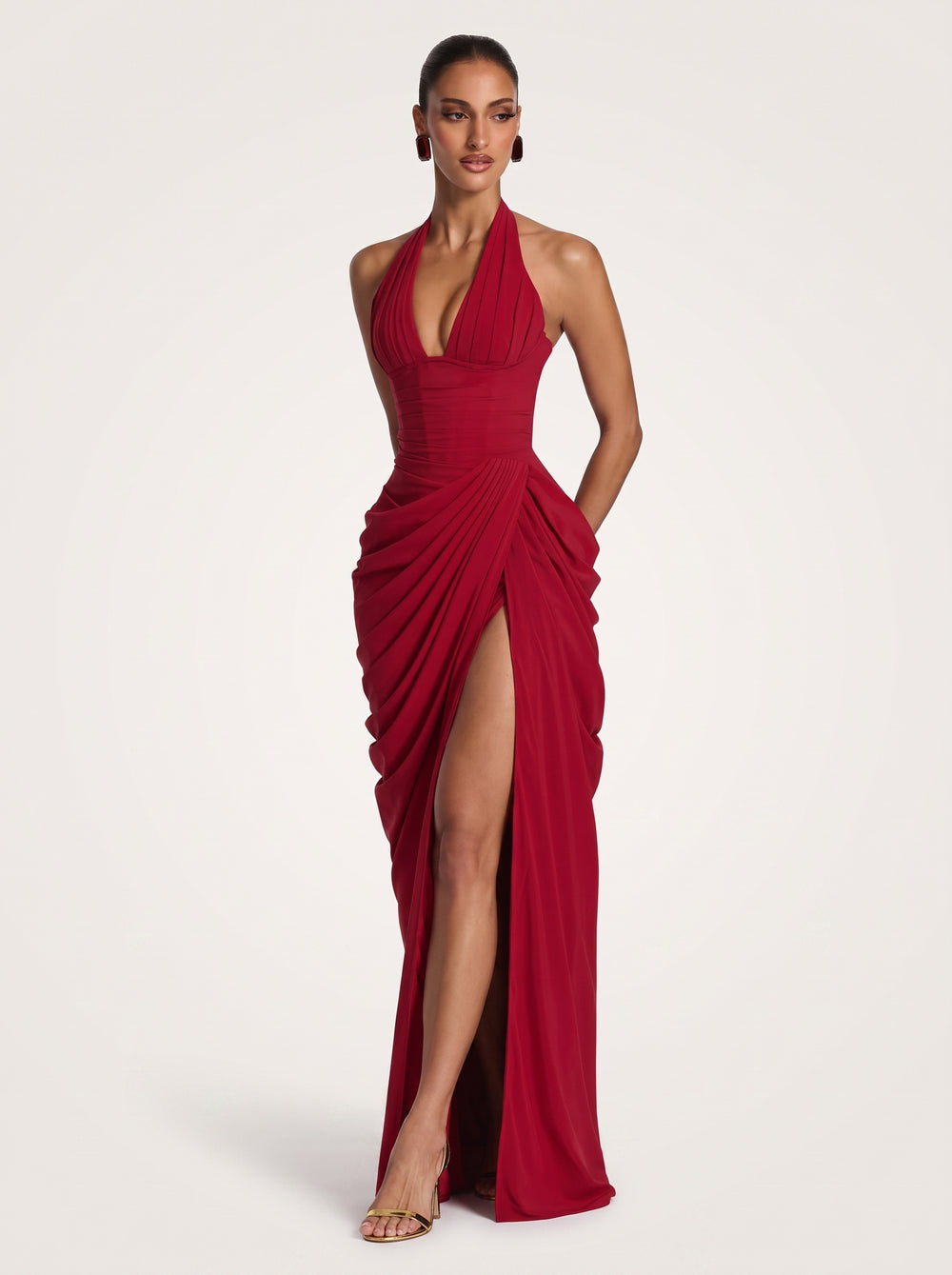 Draped Halter Slit Gown Red