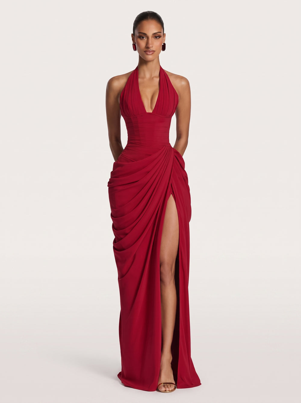 Draped Halter Slit Gown Red