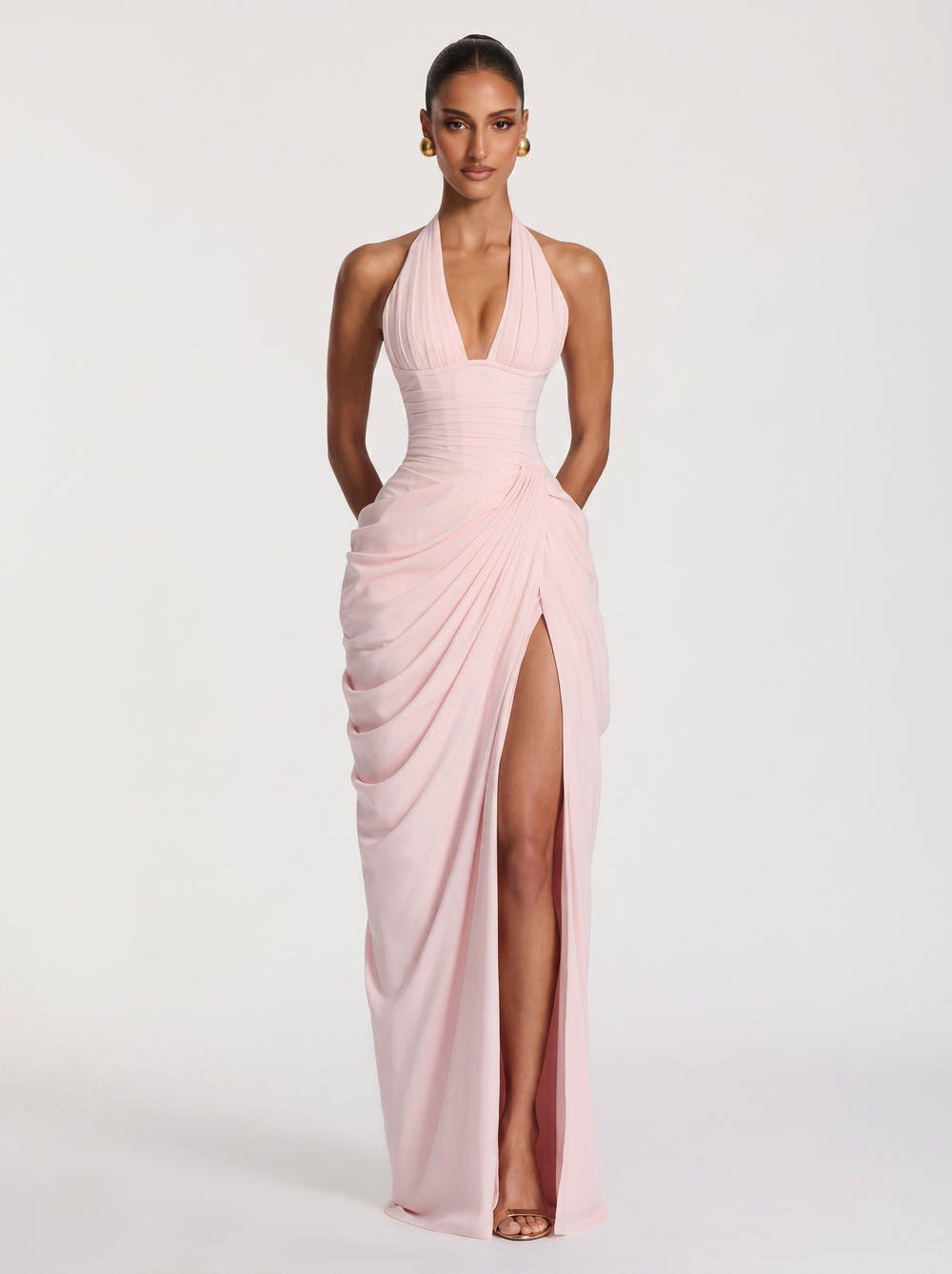 Draped Halter Slit Gown