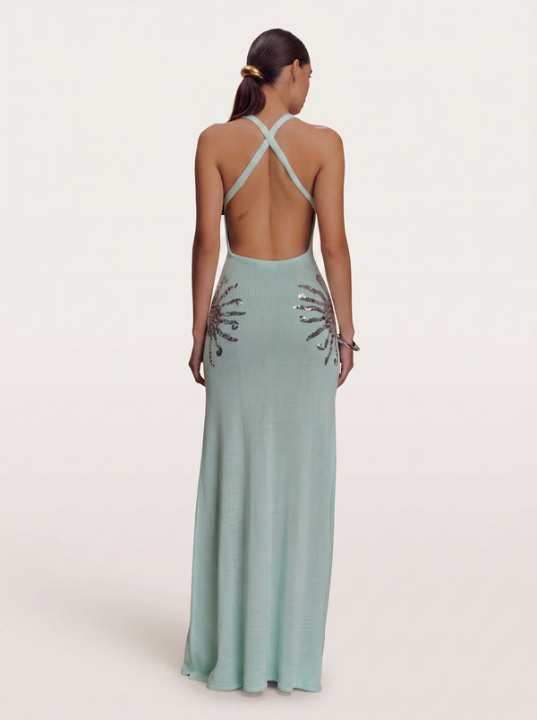 Sequin Open-Back Maxi Dress