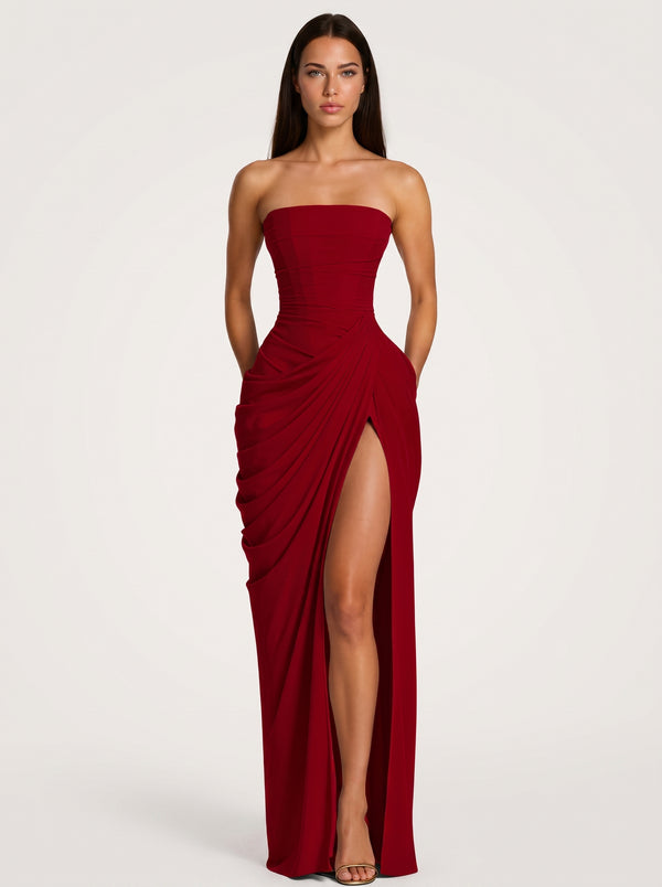 Strapless Red Ruched Slit Maxi