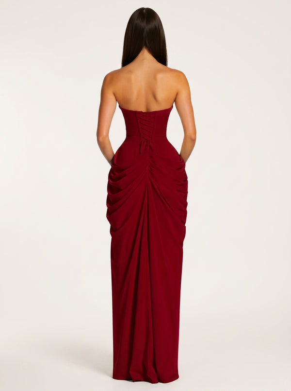 Strapless Red Ruched Slit Maxi