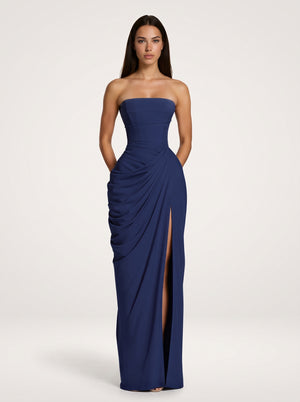 Strapless Navy Blue Ruched Slit Maxi