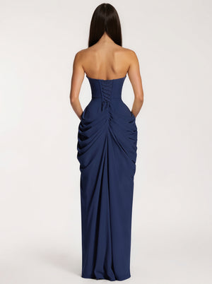 Strapless Navy Blue Ruched Slit Maxi