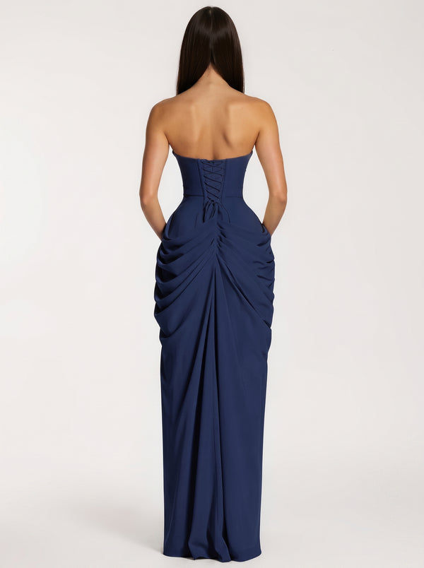 Strapless Navy Blue Ruched Slit Maxi