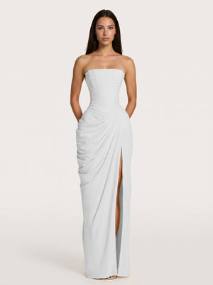 Strapless White Ruched Slit Maxi Dress