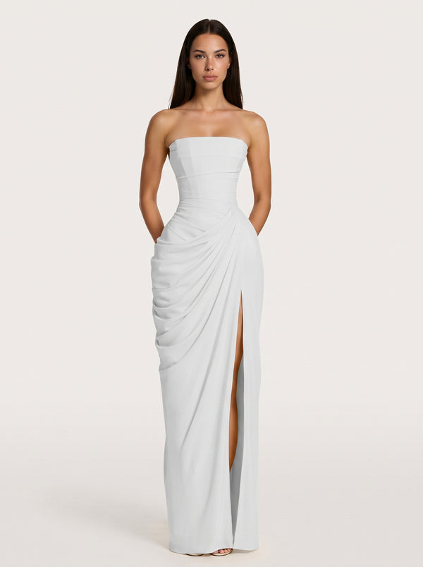 Strapless White Ruched Slit Maxi Dress