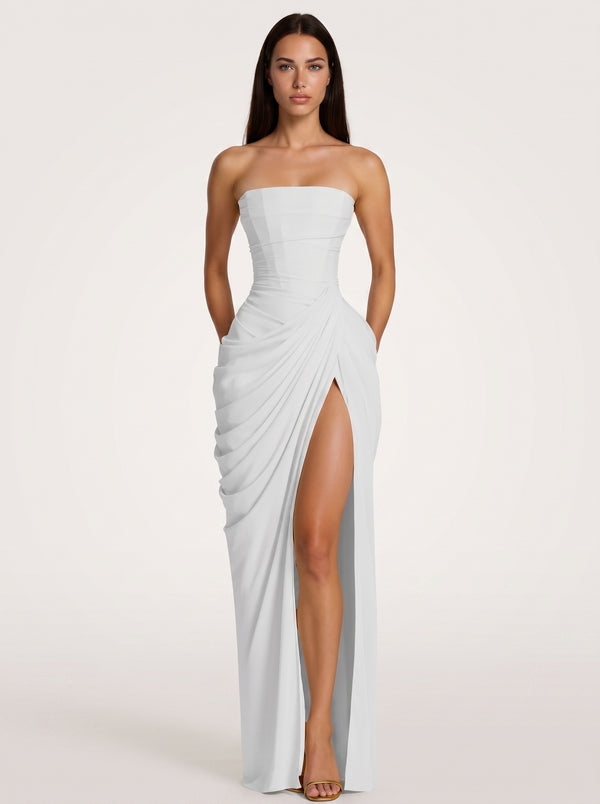 Strapless White Ruched Slit Maxi Dress