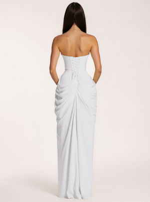 Strapless White Ruched Slit Maxi Dress