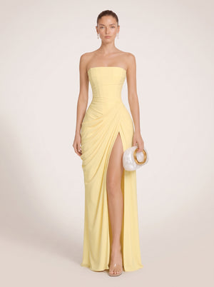 Strapless Ruched Slit Maxi Dress