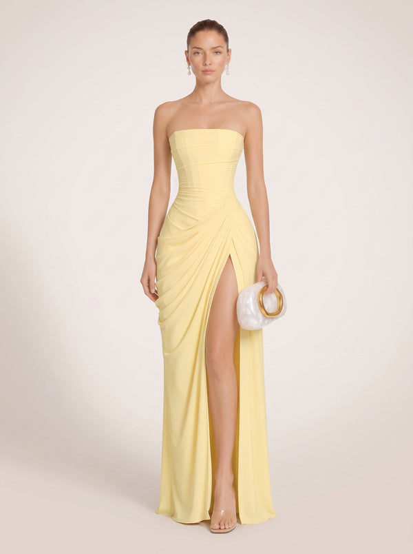 Strapless Ruched Slit Maxi Dress