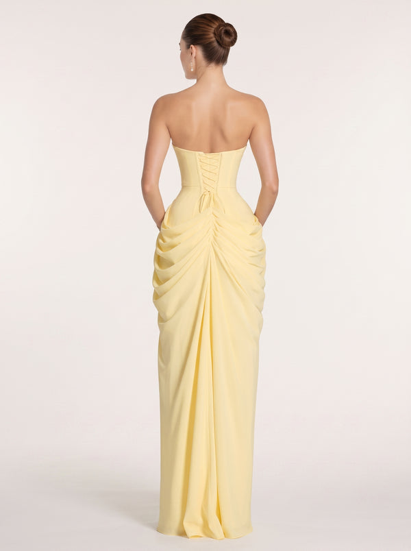 Strapless Ruched Slit Maxi Dress