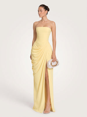 Strapless Ruched Slit Maxi Dress