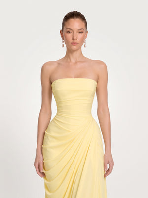 Strapless Ruched Slit Maxi Dress