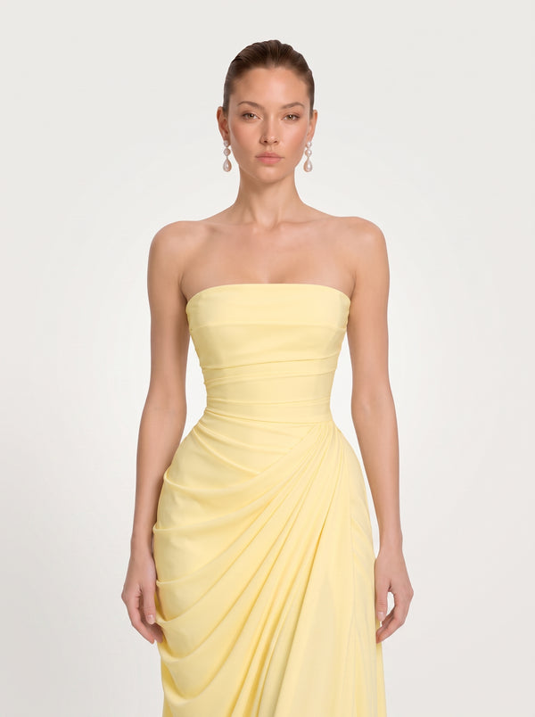 Strapless Ruched Slit Maxi Dress