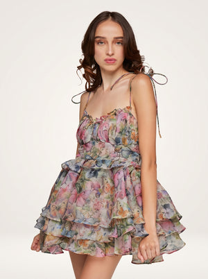 Butterfly Floral Tiered Mini Dress
