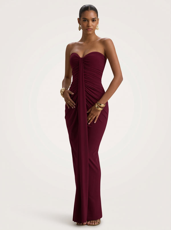 Strapless Ruched Drape Maxi Dress