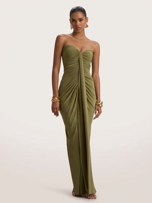 Strapless Ruched Drape Maxi Dress