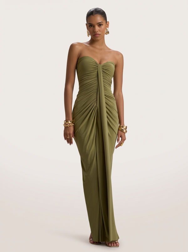 Strapless Ruched Drape Maxi Dress