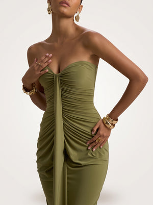 Strapless Ruched Drape Maxi Dress