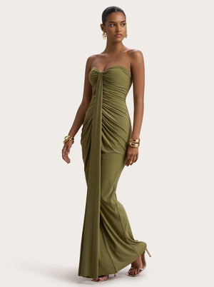 Strapless Ruched Drape Maxi Dress