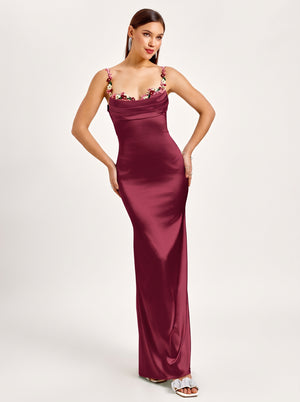 Vestido Maxi de Satén con Ribete Floral