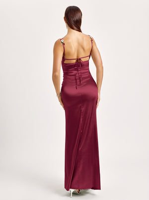 Vestido Maxi de Satén con Ribete Floral