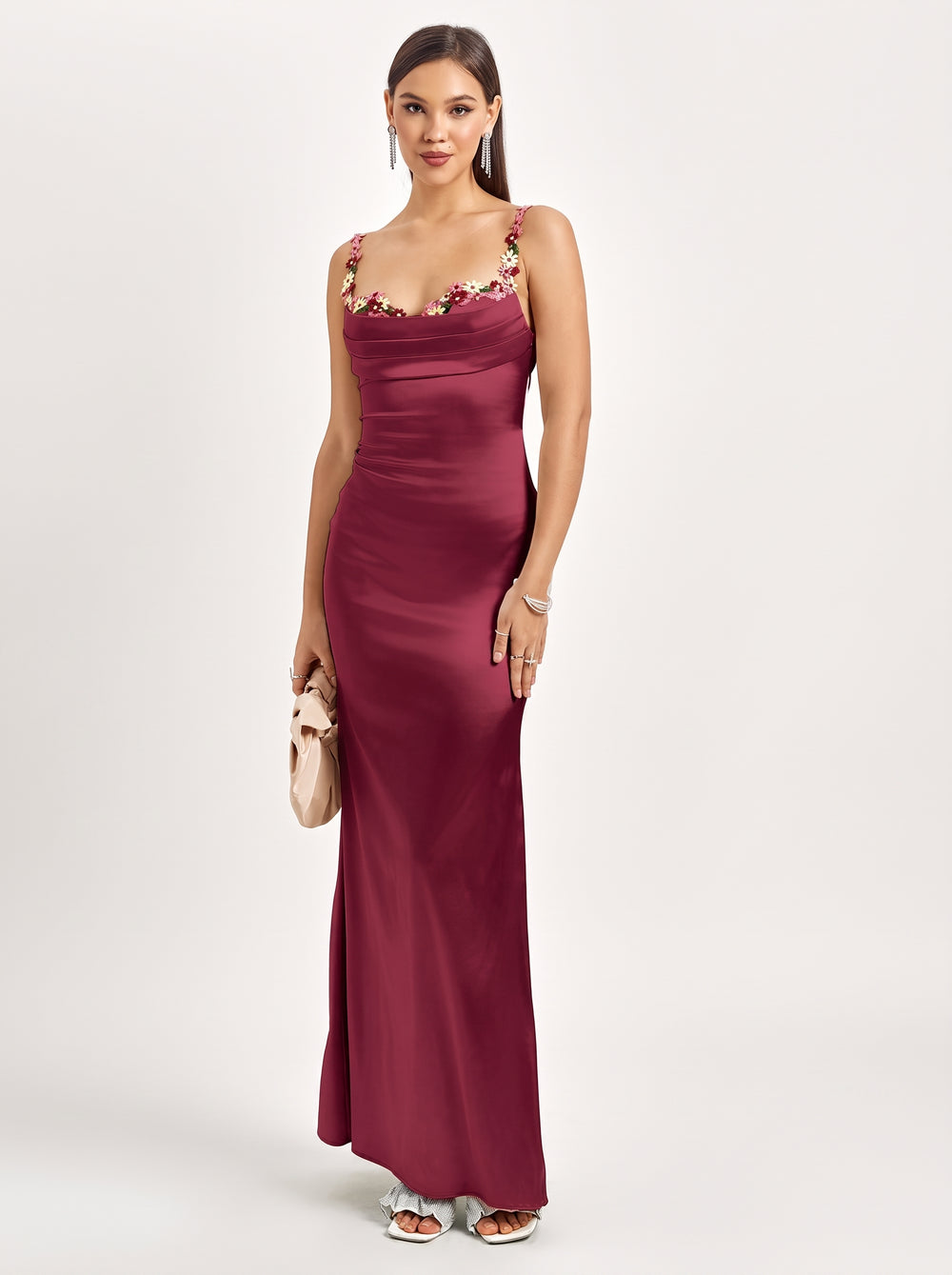 Floral Trim Satin Maxi Dress