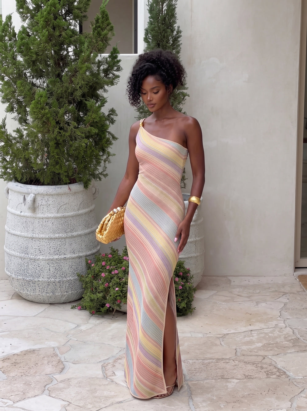 Rainbow Stripe One-Shoulder Maxi