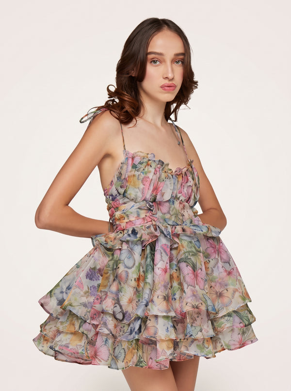Butterfly Floral Tiered Mini Dress