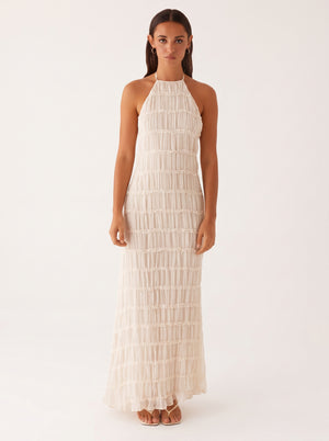 Fringe Halter Open-Back Maxi Dress
