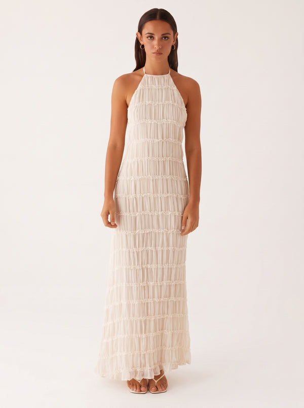 Fringe Halter Open-Back Maxi Dress