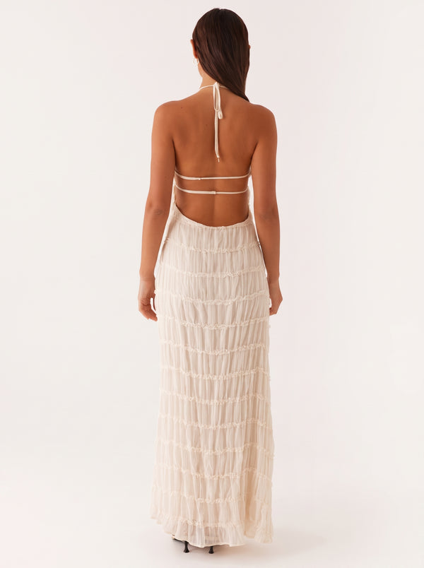Fringe Halter Open-Back Maxi Dress