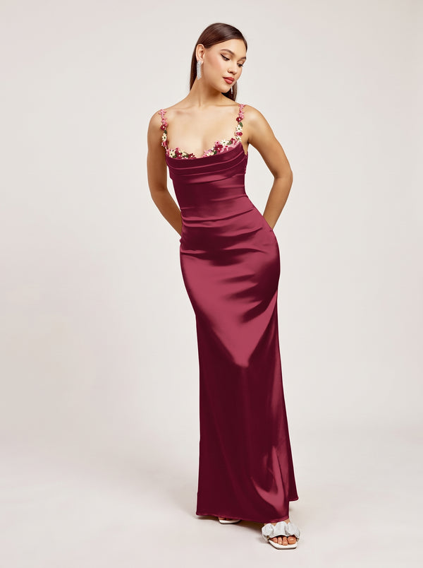 Vestido Maxi de Satén con Ribete Floral